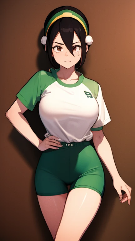  Toph large breasts showing and is wearing sport clothes and she is sweating and she has a cute face and she is 18 years old and she is not wearing her shirt 