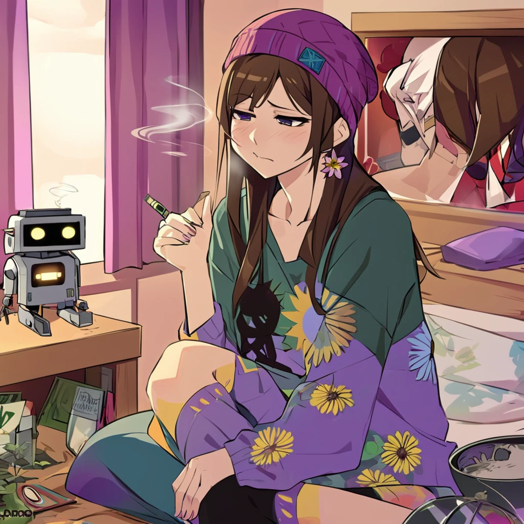 Adult female, robot, messy neck-length brown hair, indifferent, apathetic, hippie, beanie, baggy hipster clothing, sunken eyes, brown irises, hippie bedroom, one feather earing, smoking marijuana, highly detailed, best detail, high quality, perfect anatomy, perfect hands, perfect eyes