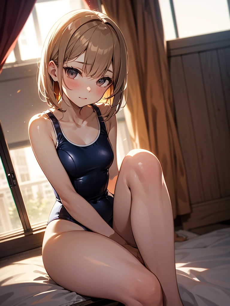 Slender beautiful girl, alone, white school swimsuit, high resolution, top quality, fine details, no blush, knee high, dynamic angles, cinematic lighting, hair raking, small breasts
