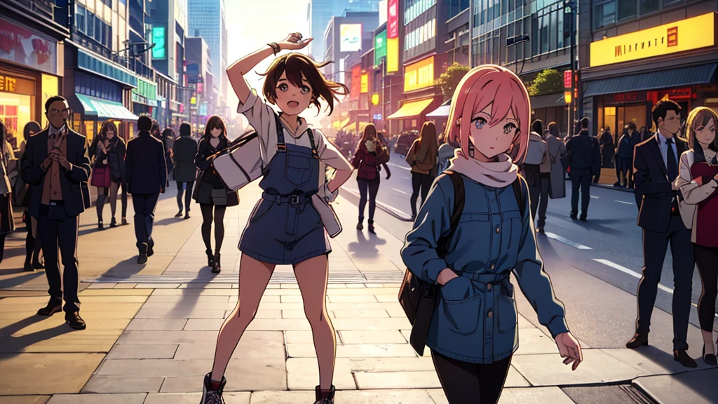 An anime girl walking confidently through a bustling city street at sunrise, holding a guitar case in one hand. She is wearing a casual yet stylish outfit, with a joyful and determined expression on her face. Her hair flows gently in the morning breeze as she moves through the cityscape. The background features tall buildings, neon signs, and the vibrant energy of the city coming to life. The streets are filled with the first light of dawn, casting a warm, golden hue over everything, symbolizing new beginnings and endless possibilities. The girl is surrounded by the hustle and bustle of city life, yet she stands out with her unique presence and passion. The atmosphere is filled with a sense of excitement, adventure, and the thrill of chasing dreams, with dynamic lighting highlighting her journey. The overall mood is one of resilience, freedom, and the unstoppable pursuit of dreams in an urban environment.

