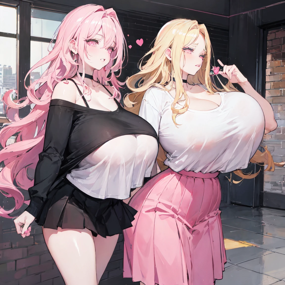 A woman, blonde hair with pink tips, wavy hair, straight hair, long hair, accumulated hair, cheeks with a rosy blush, biting her lip, wavy hair, pink eyes, heart shaped eyes, big eyes, giant breasts, massive breasts, fat lips, giant lips, pink lips, wide hips, big ass, big thighs, short skirt, black skirt, white shirt, large neckline, under a t-shirt, pink t-shirt, artificial nails, with a choker. Inside a massive and modern apartment