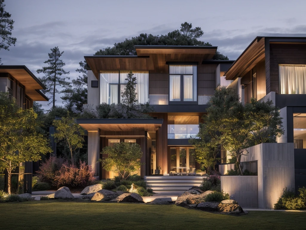 modern house, large yard, beautiful view, surrounding trees, (Single storey house planlat roofs,large windows,wood materials,concrete and glass,glass railings,surrounded by trees,lawn ,large sliding glass doors, large outdoor fireplace, beautiful flat roof, linear straight line, sunset light, neutral colored lights, beautiful, cloudy sky, landscape,plain terrain, RAW photo, subject, 8k uhd, dslr, soft lighting, high quality, film grain, Fujifilm XT3