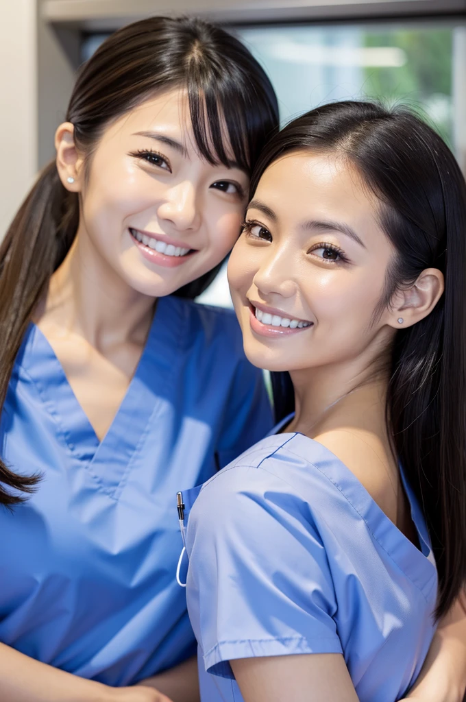 Dental hygienist, two women, smiling, wearing medical scrubs, short sleeves, Japanese, black hair, women in their early 30s　Upper body close-up　high resolution　Highest quality　　Don&#39;t press your face too much