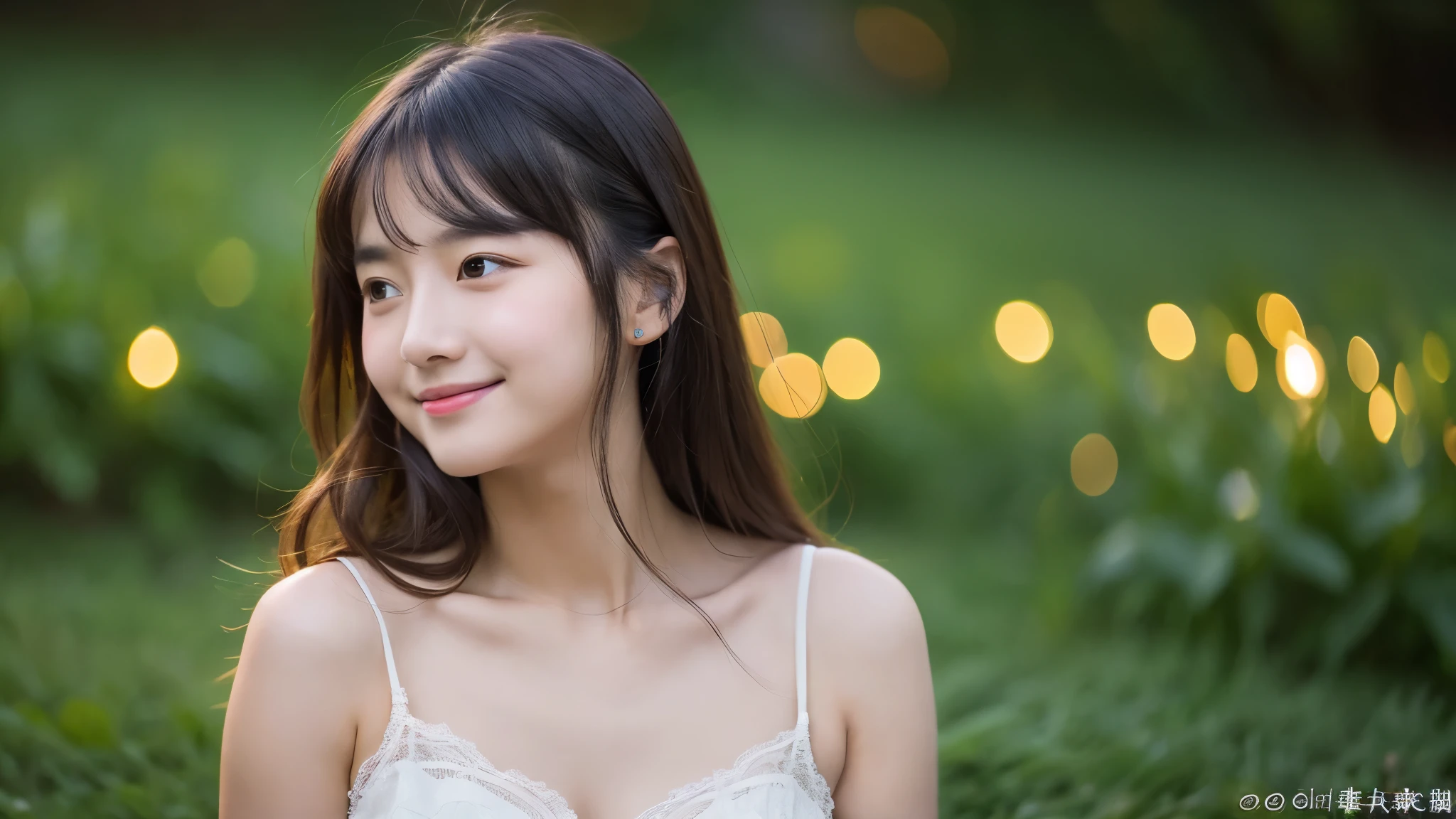 One 20-year-old woman with a very cute face like an idol、A slight smile、Cleavage、((Beautiful starry sky))、(Looking into the distance)、(((Natural light inside at night)))、RAW Photos、Genuine、live-action、(Artistic Expression)、High resolution、masterpiece
