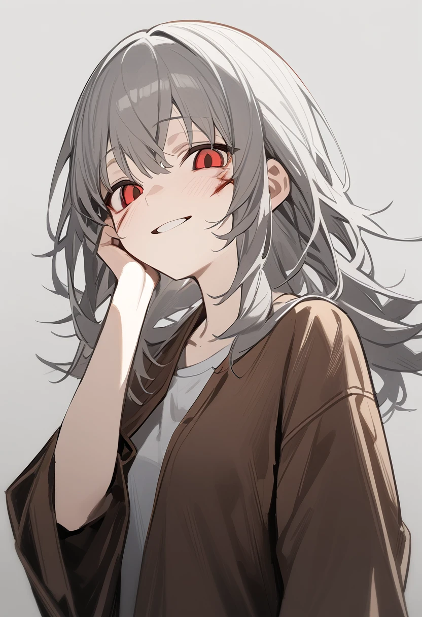 1 girl, alone, adolescent, Brown leather, broad, Short and messy hair, Red eyes, large eyes, big open smile, stoic, standing, (long shirt only), (Gray background, simple background), Upper part of the body, Masterpiece, Best Quality, dynamic angle, hand on his face, Flushed face, wounds, with sales