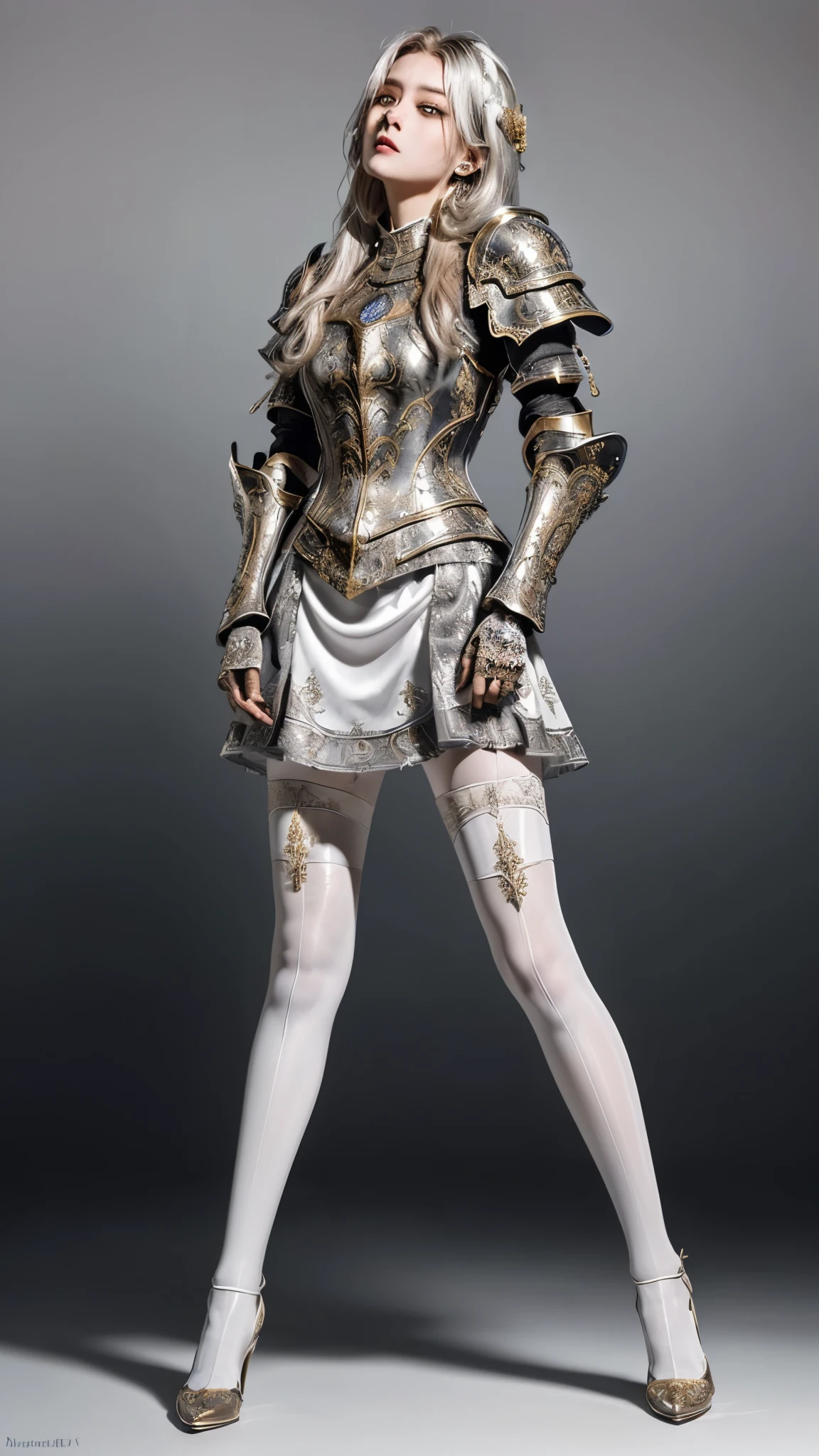 masterpiece, best quality photo, a beautiful 25 years old princess knight is hanged on air, blood flow on body:1.2, (fancy engraved medieval metal armor on top:1.3), gold decorated armor, (ornate skirt in black color:1.2), (white pantyhose on bottom:1.3), high-heel:1.2, light gray metal armor, (detailed facial expression:1.2), extremely detailed face, extremely beautiful, dead face, vacant expression, saggy body:1.3, tilted head, dead body