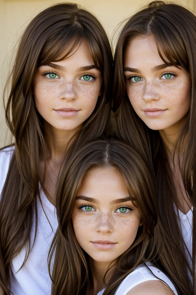 Twins man and woman with long brown hair and green eyes with freckles