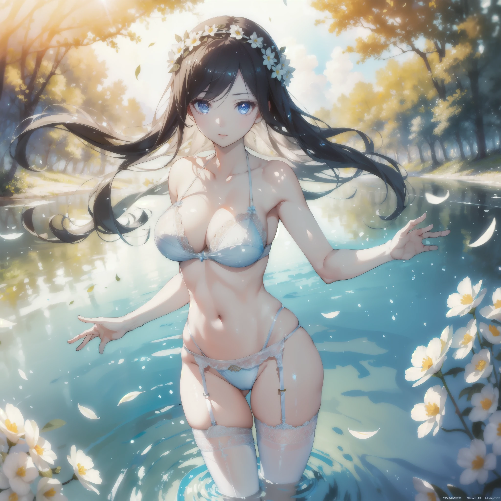 ((masterpiece, best quality)), Epic battlefield atmosphere，Delicate face，goddess，sunshine，whole body，Standing picture，glowing eyes，Perfect body proportions，Pure white background，Water Ripples，Lace，flower，Fallen Leaves，Sex bikini，Garter stockings