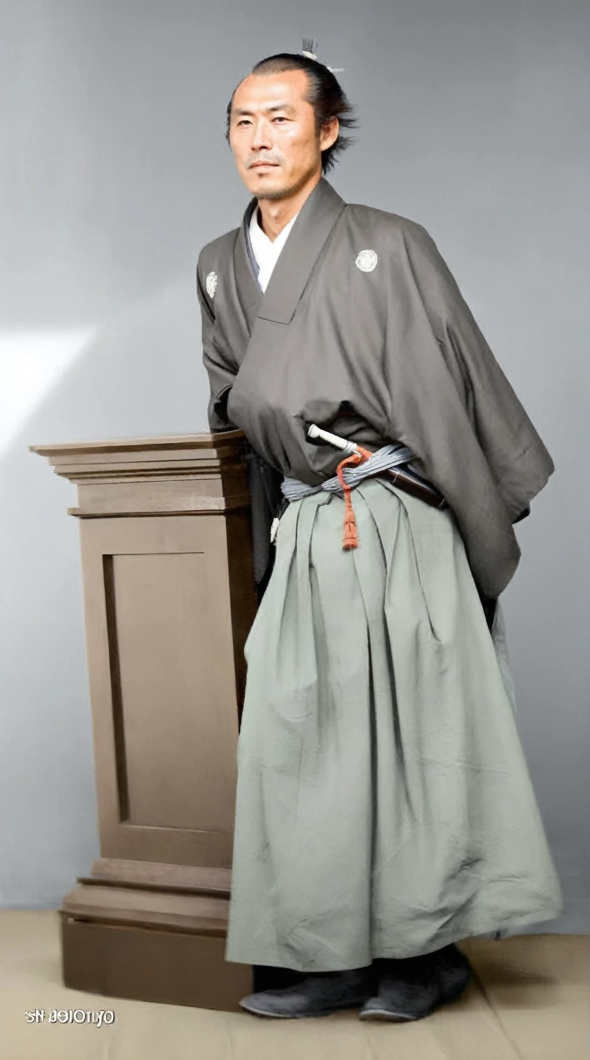 Ryoma Sakamoto standing next to a wooden pedestal, wearing traditional Japanese attire. He has a serious expression on his face. The background is plain, with subtle shades of grey, allowing the focus to be entirely on Ryoma Sakamoto. His attire includes a dark kimono with family crests, a light-colored hakama, and traditional footwear. He has a sword tucked into his belt, and his hair is styled in a traditional manner. The image should be colorized with natural tones, maintaining historical accuracy."