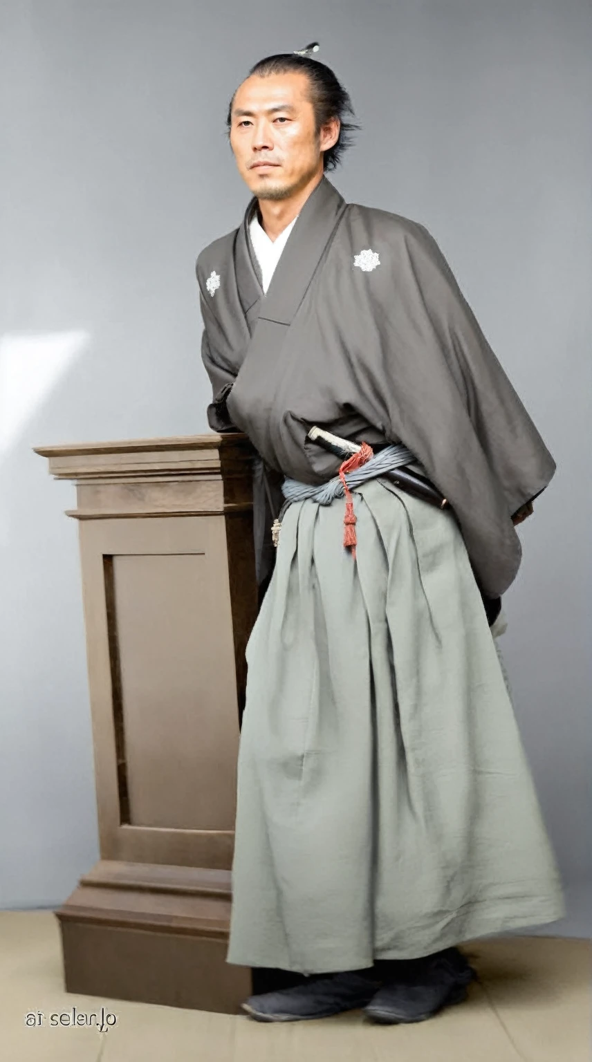 Ryoma Sakamoto standing next to a wooden pedestal, wearing traditional Japanese attire. He has a serious expression on his face. The background is plain, with subtle shades of grey, allowing the focus to be entirely on Ryoma Sakamoto. His attire includes a dark kimono with family crests, a light-colored hakama, and traditional footwear. He has a sword tucked into his belt, and his hair is styled in a traditional manner. The image should be colorized with natural tones, maintaining historical accuracy."