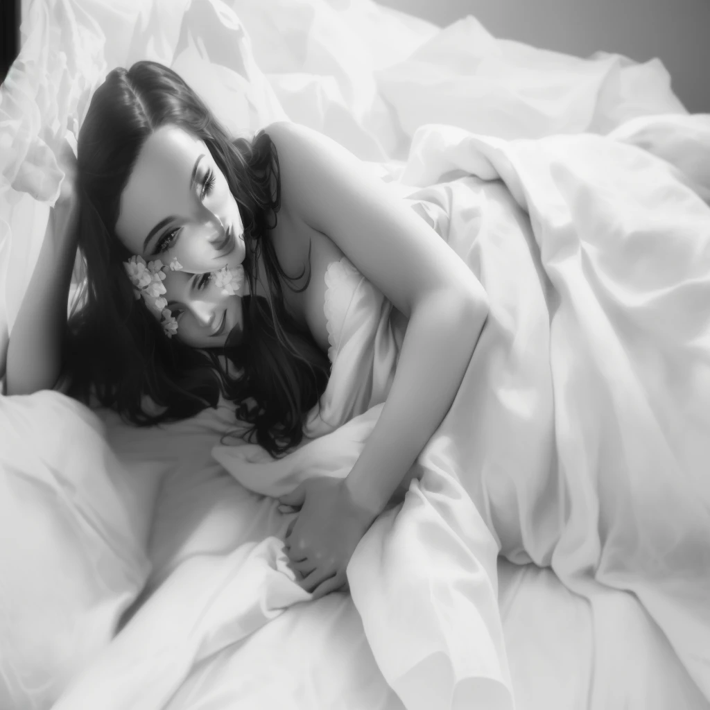 arafed woman laying in bed with white sheets and smiling, posing in bed, laying in bed, while posing in the same bed, posing in a bedroom, lying in bed, laying on a bed, b&w photo, laying back on the bed, black and white photo, white sheets, relaxing and smiling at camera, lying at the bed, on my bed