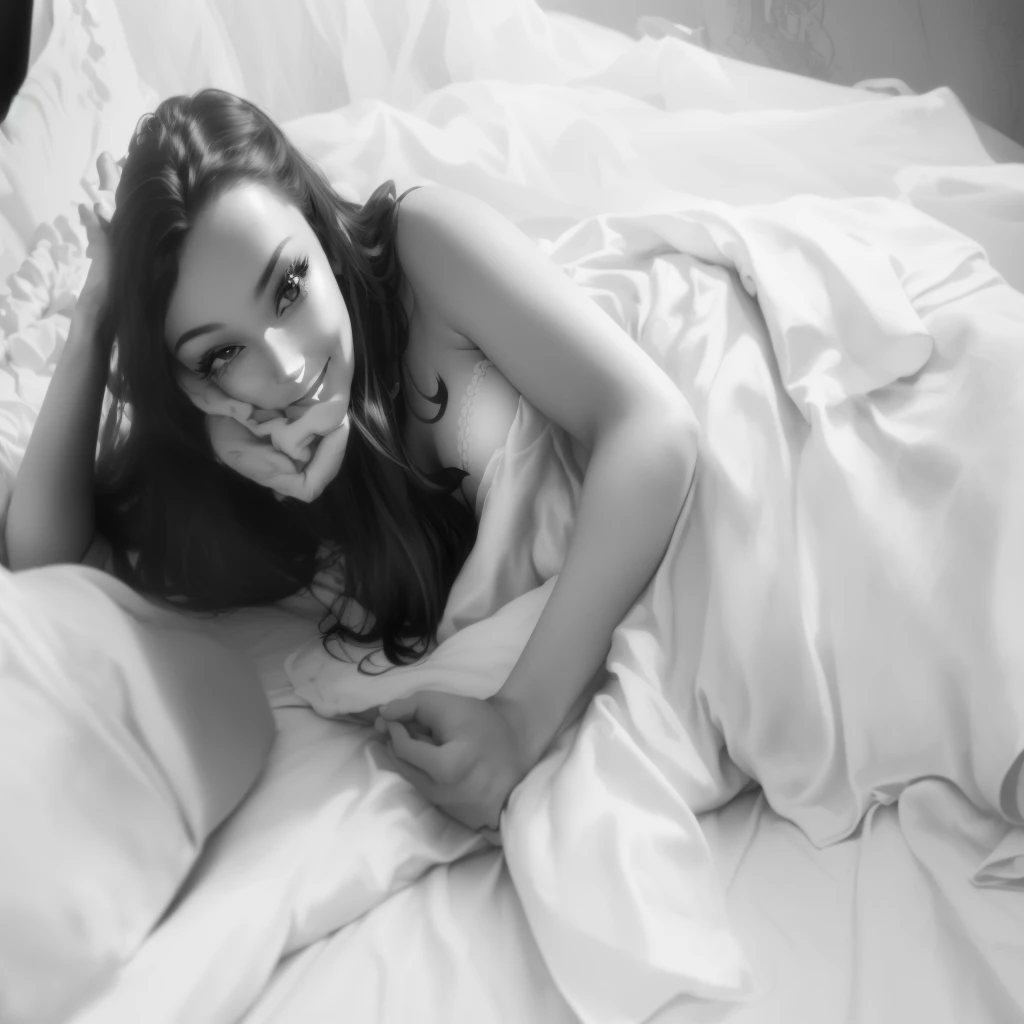 arafed woman laying in bed with white sheets and smiling, posing in bed, laying in bed, while posing in the same bed, posing in a bedroom, lying in bed, laying on a bed, b&w photo, laying back on the bed, black and white photo, white sheets, relaxing and smiling at camera, lying at the bed, on my bed