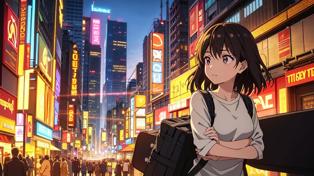An anime girl walking confidently through a bustling city street at sunrise, holding a guitar case in one hand. She is wearing a casual yet stylish outfit, with a joyful and determined expression on her face. Her hair flows gently in the morning breeze as she moves through the cityscape. The background features tall buildings, neon signs, and the vibrant energy of the city coming to life. The streets are filled with the first light of dawn, casting a warm, golden hue over everything, symbolizing new beginnings and endless possibilities. The girl is surrounded by the hustle and bustle of city life, yet she stands out with her unique presence and passion. The atmosphere is filled with a sense of excitement, adventure, and the thrill of chasing dreams, with dynamic lighting highlighting her journey. The overall mood is one of resilience, freedom, and the unstoppable pursuit of dreams in an urban environment.