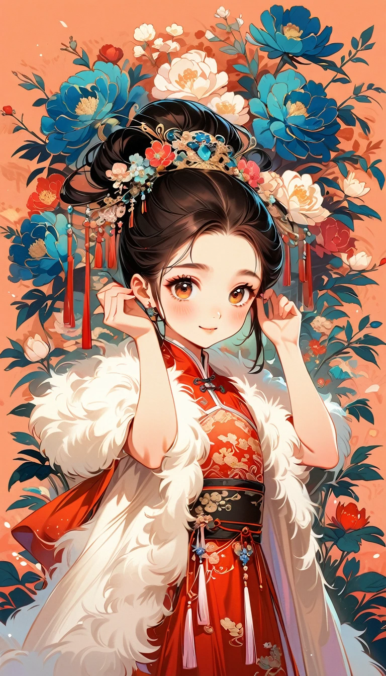 A beautiful young 5 years old little girl in traditional Chinese attire, sweet smile, from back, lively and kawaii pose, eyes look at the viewer, charming and attractive sexy pose, surrounded by a lush garden. gazing at it with gentle eyes. The woman's hair is styled in an elaborate updo adorned with flowers and traditional ornaments. Her dress is elegant, pink and white color tone, featuring fine silk with floral embroidery. The garden is in full bloom, with peonies and other flowers providing a backdrop. The scene captures the serenity and beauty of classical Chinese art, with a touch of nature harmony, (((Ultra-high saturation, high natural saturation, extremely bright colors)))