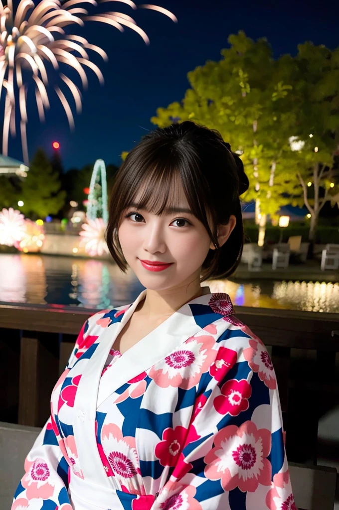 firework Display,8K,Professional Lighting ,Near and far in the air ,Ultra-high resolution ,(Like the picture: 1.1) ,Detailed face ,pretty girl ,Patterned yukata ,smile ,firework ,Pause ,(Breast bulge: 1.1) ,Soft Light ,Big River ,ponytail ,Wide-angle camera、With a beer in hand、cheers