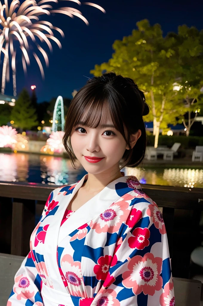 firework Display,8K,Professional Lighting ,Near and far in the air ,Ultra-high resolution ,(Like the picture: 1.1) ,Detailed face ,pretty girl ,Patterned yukata ,smile ,firework ,Pause ,(Breast bulge: 1.1) ,Soft Light ,Big River ,ponytail ,Wide-angle camera、With a beer in hand、cheers