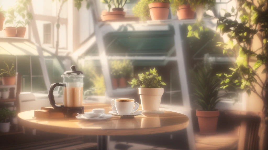 There is a potted plant and a coffee cup on the table, cozy Cafe background, Outdoor natural light, Cafe, indoor設定, coffee shop, Indoor shooting, With natural light as a background, sitting in a Cafe alone, indoor, greenhouse, sitting alone in a Cafe, Landscape Photography, Warm sunshine, Next to a big window, glass greenhouse