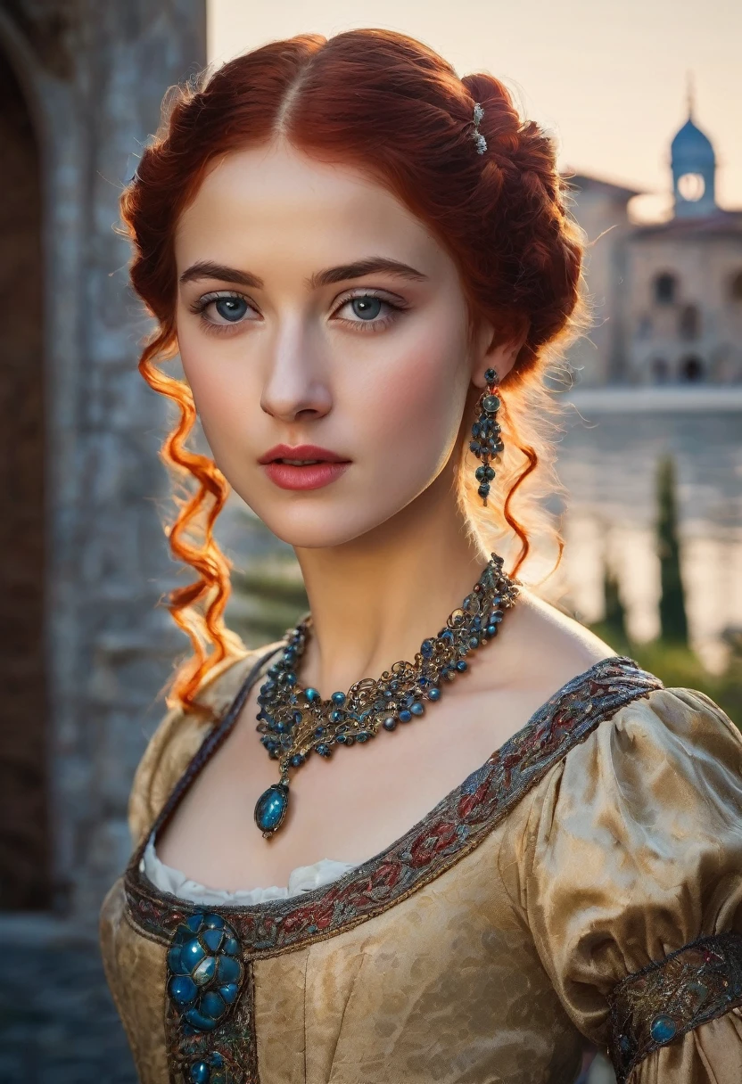 young woman(23 years old). Bright red, Wavy hair, braided(in the manner of Lucrezia Borgia или на манер таргариенов), pearl earrings in the ears, necklace of pearls on the neck. Eyes sky blue. Брови Light, very thin and curved. The skin is pale, she has freckles. Elongated face, oval shape. Dress in Renaissance or Middle Ages style, in the manner of Lucrezia Borgia. Mouth wide, and your lips are full. Брови very thin and curved, Light. одета в платье in the manner of Lucrezia Borgia. Realism style.