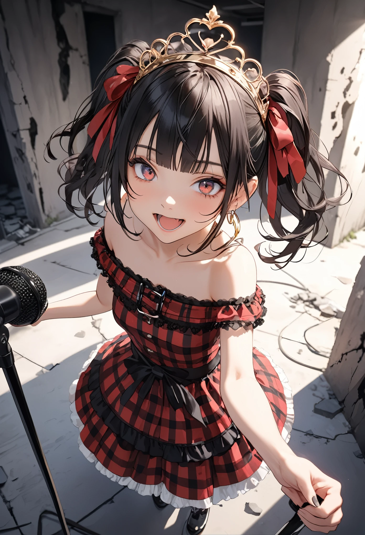 ((Masterpiece)), (Anime:1.3), ((best quality)), (super detail:1.2), (High Definition:1.3), (Professional Photography:1.2), (sharp focus), (perfect light), (fisheye), (()), cute teenage girlaid dress, (Off-Shoulder dress), hoop dress, wearing toy tiara, lolita fashion, se blunt bangs), (Thick microphone stand), singing, ((Vibrant Pose)), exposed bare shoulder and arms, lolita style, cute s, open mouth, pretty, (Healthy slim body), emo style, red checker, (in the dim concrete basement), ribbon belt, (Melted walls),