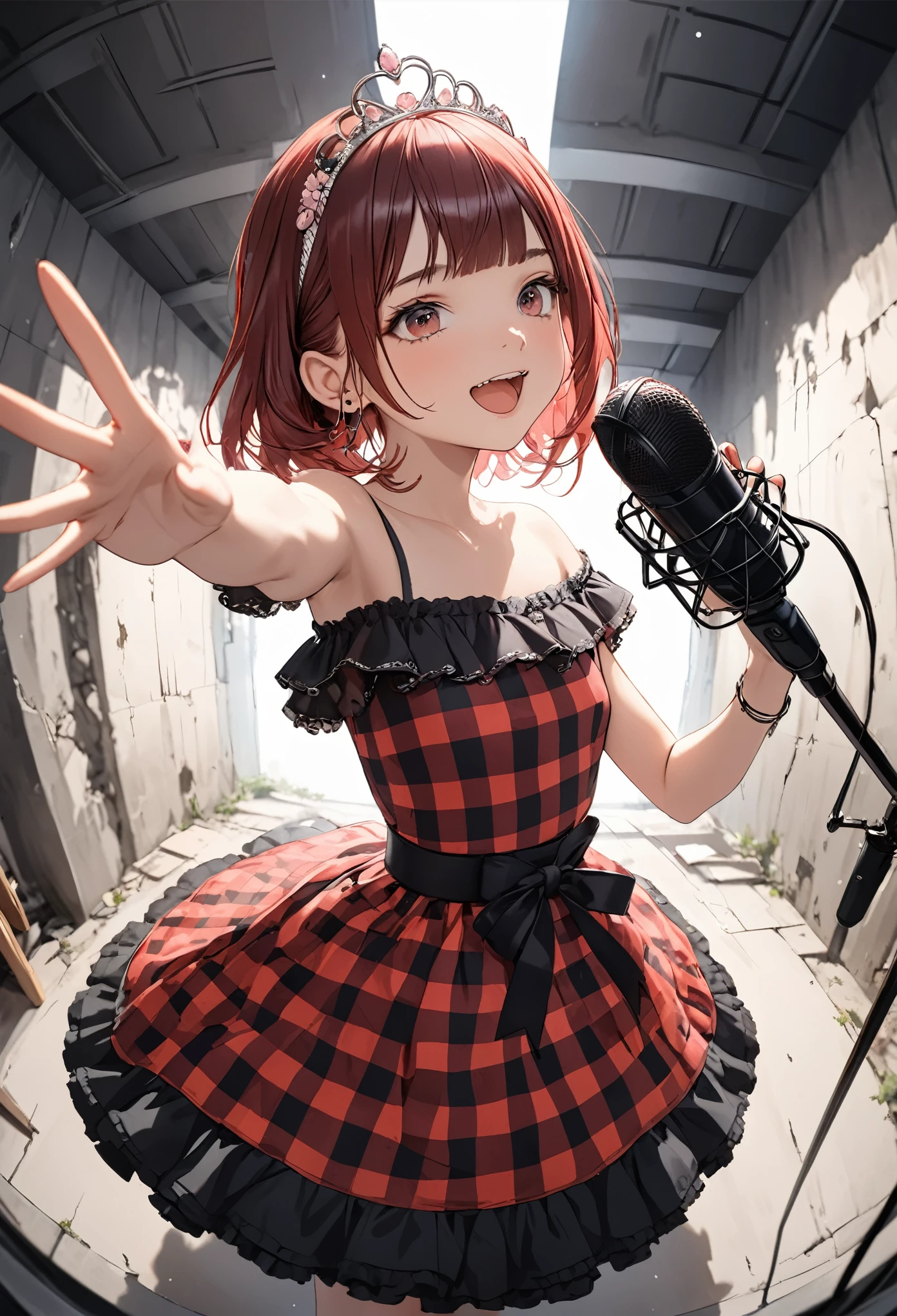 ((Masterpiece)), (Anime:1.3), ((best quality)), (super detail:1.2), (High Definition:1.3), (Professional Photography:1.2), (sharp focus), (perfect light), (fisheye), ((12 years old)), cute teenage girl, Plaid dress, (Off-Shoulder dress), hoop dress, wearing toy tiara, lolita fashion, (loose blunt bangs), (Thick microphone stand), singing, ((Vibrant Pose)), exposed bare shoulder and arms, lolita style, cute smile, open mouth, pretty, (Healthy slim body), emo style, red checker, (in the dim concrete basement), ribbon belt, (Melted walls),