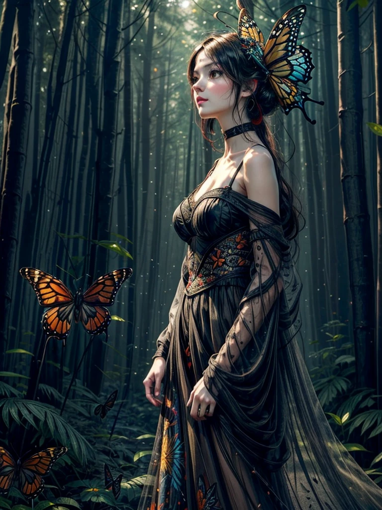 Beautiful dark haired woman covered entirely by millions of Monarch orange black and red butterflies like a second skin a gossamer dress that is almost part of her, covered in butterflies, as if they are coming out of her chest her heart, dappled sun beams through the pine fir forest, hyperdetailed, 64k resolution, Kodak resampled film grain,(((naturally interacting with the environment:1.5))),(((seamless:1.5))),((strong environmental light)),((hard shadows)),(merge realms of the extreme punk in a tapestry of dualities),enigmatic beings with ethereal silhouettes,digital dreamscape.Illuminate the scene with the pulse of a celestial bloom,(casting hues that bridge both cosmic and cybernetic realms).(Blend brushstrokes harmoniously),fusing elements of traditional artistry with glitched fragments of a pixelated mosaic.Embrace asymmetry,where the organic and the synthetic collide in a dynamic composition.(Infuse a shifting timeless vibrant palette).Integrate augmented reality surprises. by Da Vinci