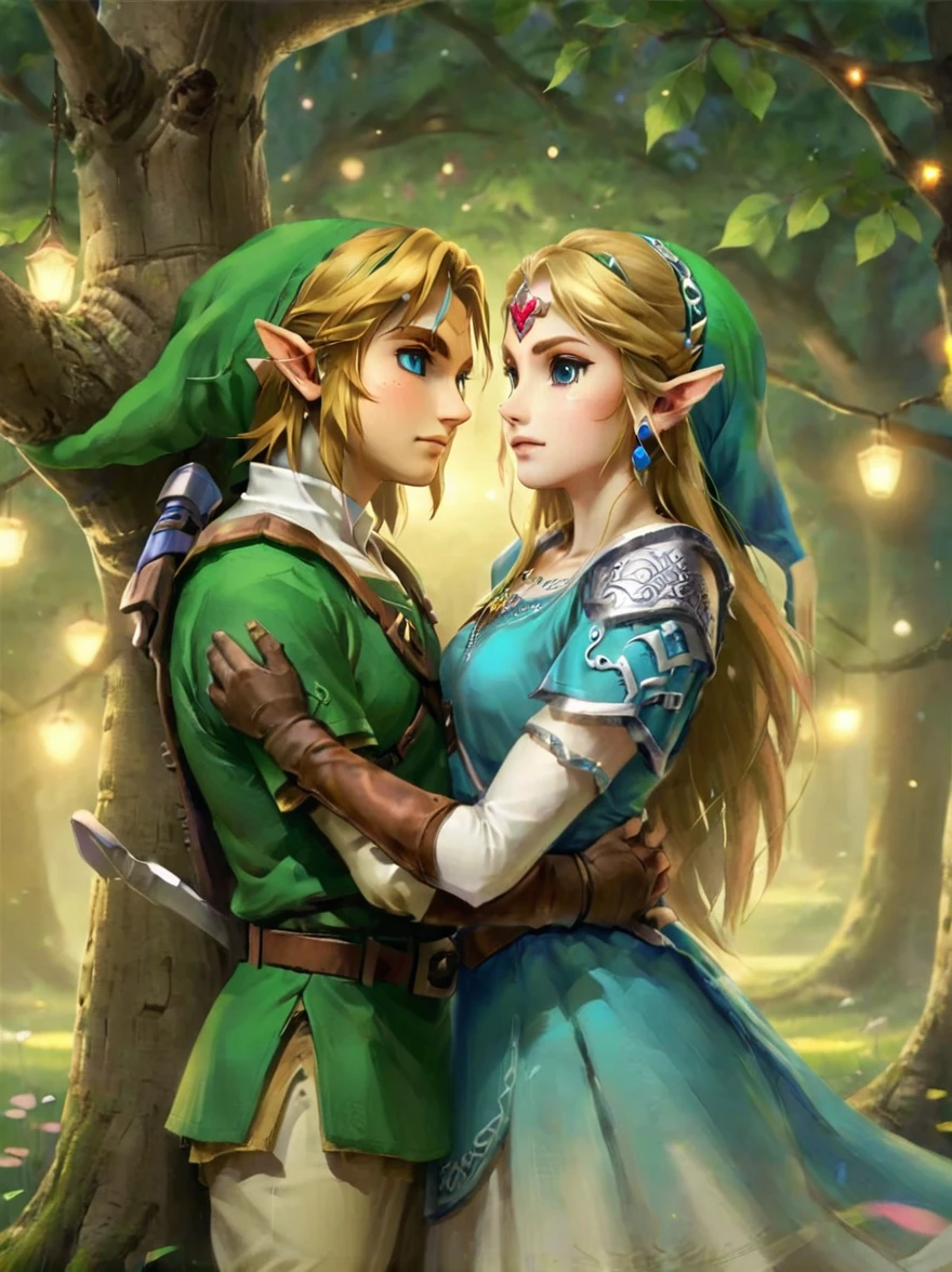 (Best quality，8K，Ultra-high resolution，masterpiece)，Super Fine，illustration，Princess Zelda，Link，Couple，Love，Embrace，under the tree，fantasy，(the legend of zelda)，beautiful eyes，Beautiful lips，Super Fine的眼睛和脸，Long eyelashes，Long hair，romantic，close，Warm Lights，Prime Time，color，Fantasy Art，thrilling，epic