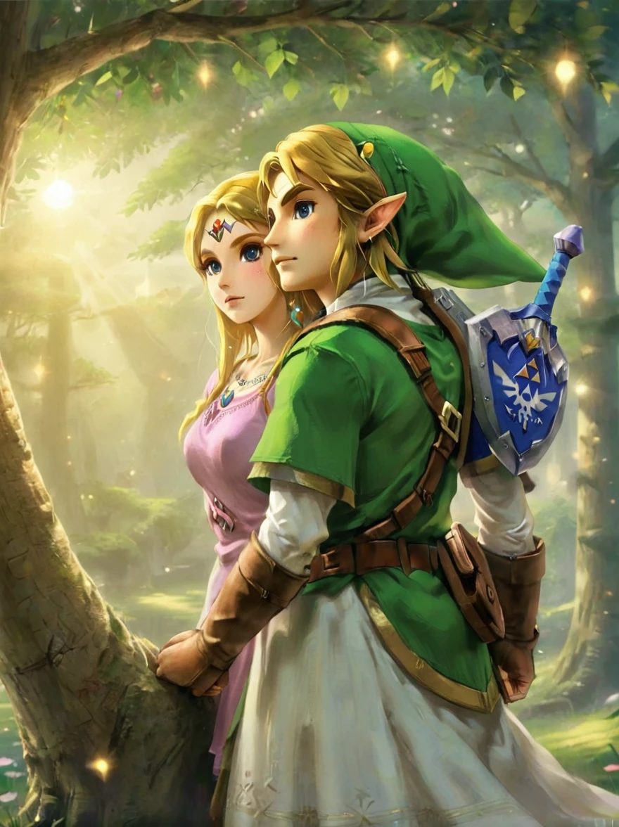 (Best quality，8K，Ultra-high resolution，masterpiece)，Super Fine，illustration，Princess Zelda，Link，Couple，Love，Embrace，under the tree，fantasy，(the legend of zelda)，beautiful eyes，Beautiful lips，Super Fine的眼睛和脸，Long eyelashes，Long hair，romantic，close，Warm Lights，Prime Time，color，Fantasy Art，thrilling，epic