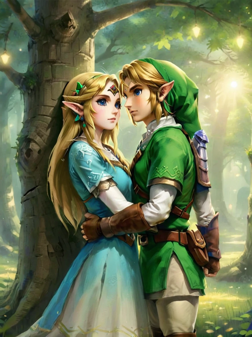 (Best quality，8K，Ultra-high resolution，masterpiece)，Super Fine，illustration，Princess Zelda，Link，Couple，Love，Embrace，under the tree，fantasy，(the legend of zelda)，beautiful eyes，Beautiful lips，Super Fine的眼睛和脸，Long eyelashes，Long hair，romantic，close，Warm Lights，Prime Time，color，Fantasy Art，thrilling，epic