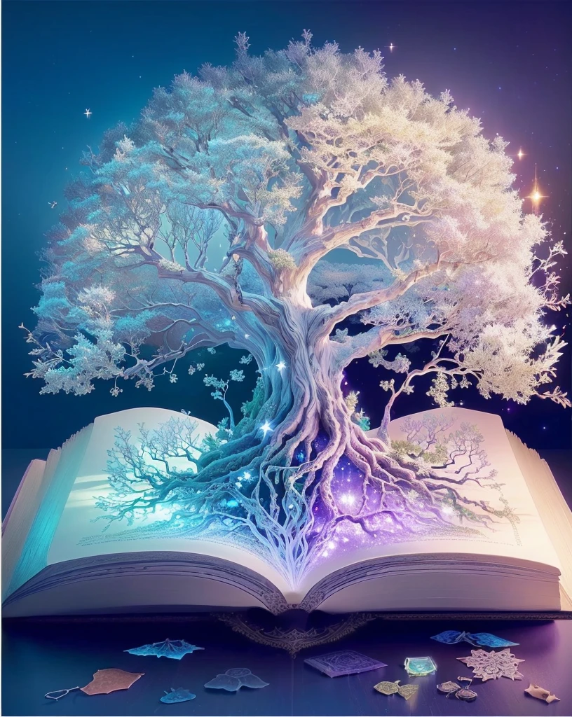 There is a book on the table,There is a tree inside, Magic tree, Magic Tree, Magic book, Fantasy tree, Cosmic Tree of life, Very magical and dreamy, Cosmic Tree, 3D amazing details, large Magic trees, Dreamy and detailed, Magical and mysterious, the tree of Life, Magical composition, Magic Background, Fantasy Books, tree of Life