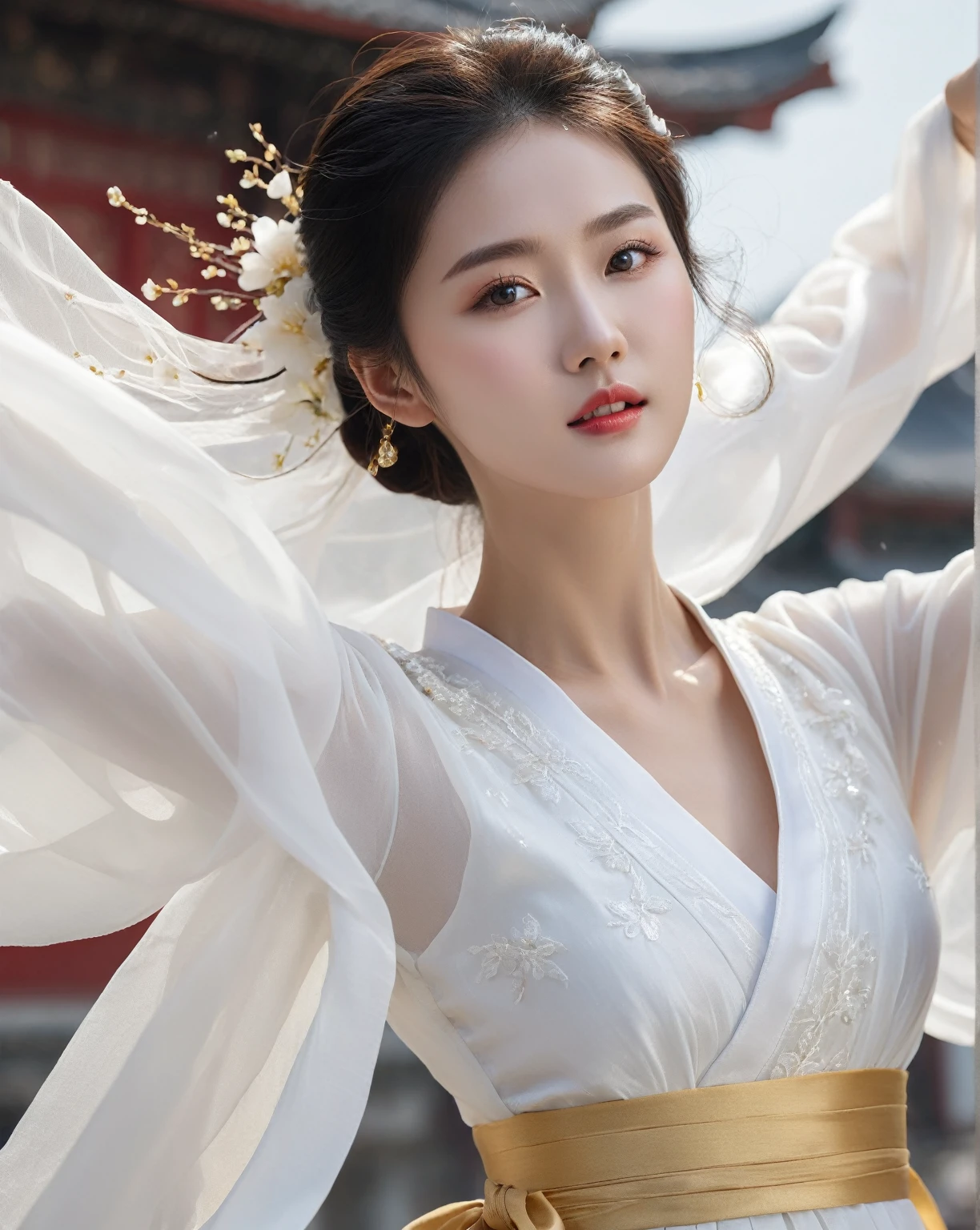 beautiful Korean woman, (((Mikamaria))), (motion blur:1.3), abnormally stunning beautiful face, black and white close-up,woman in intricate pure white hanbok dress, Flying in the air like a Chinese movie ,spinning frantically, translucent tingling air particles on dress hem, In her hand is a golden ancient Chinese sword,in ancient china, professional fashion photography,UHD, 4k, 8k