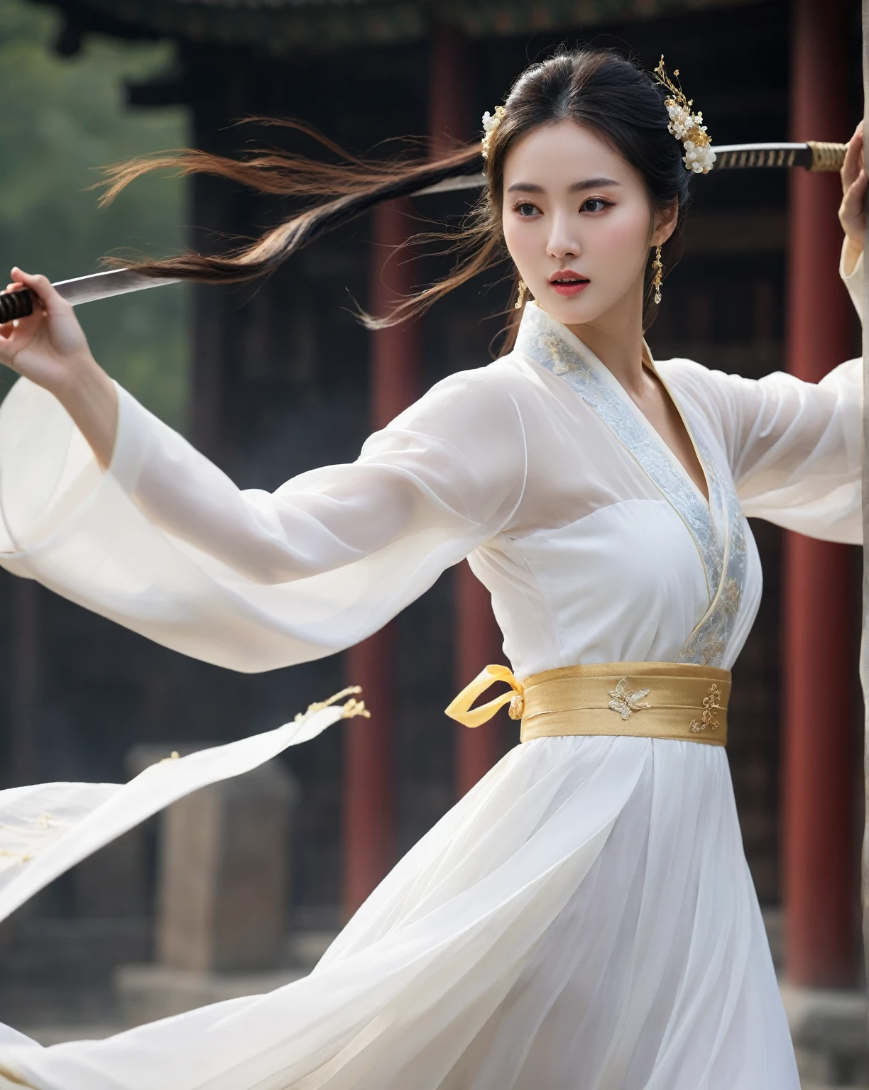 beautiful Korean woman, (((Mikamaria))), (motion blur:1.3), abnormally stunning beautiful face, black and white close-up,woman in intricate pure white hanbok dress, Flying in the air like a Chinese movie ,spinning frantically, translucent tingling air particles on dress hem, In her hand is a golden ancient Chinese sword,in ancient china, professional fashion photography,UHD, 4k, 8k