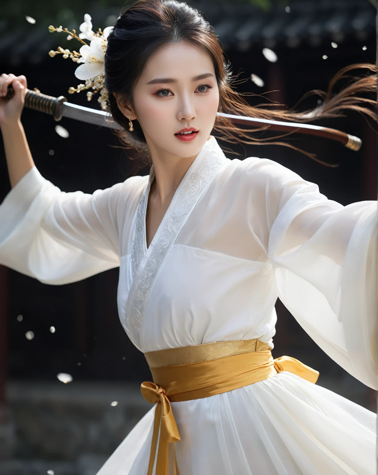 beautiful Korean woman, (((Mikamaria))), (motion blur:1.3), abnormally stunning beautiful face, black and white close-up,woman in intricate pure white hanbok dress, Flying in the air like a Chinese movie ,spinning frantically, translucent tingling air particles on dress hem, In her hand is a golden ancient Chinese sword,in ancient china, professional fashion photography,UHD, 4k, 8k