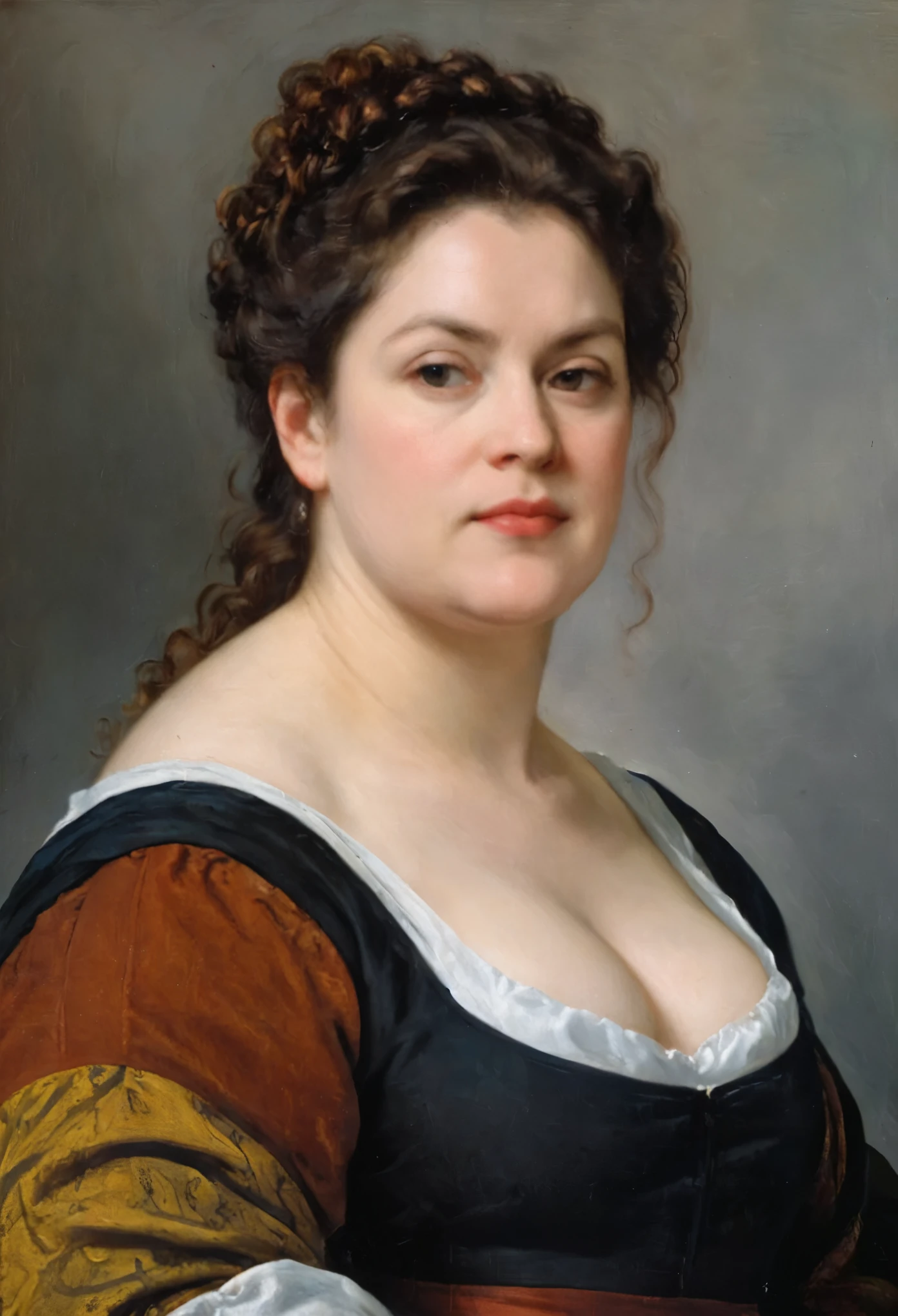 portrait painting of a thick Beautiful middle aged woman, busty maid, extremely gorgeous , by Peter Paul Rubens, in Peter Paul Rubens style, by Caravaggio, intricate, flawless, masterpiece, Best quality, 