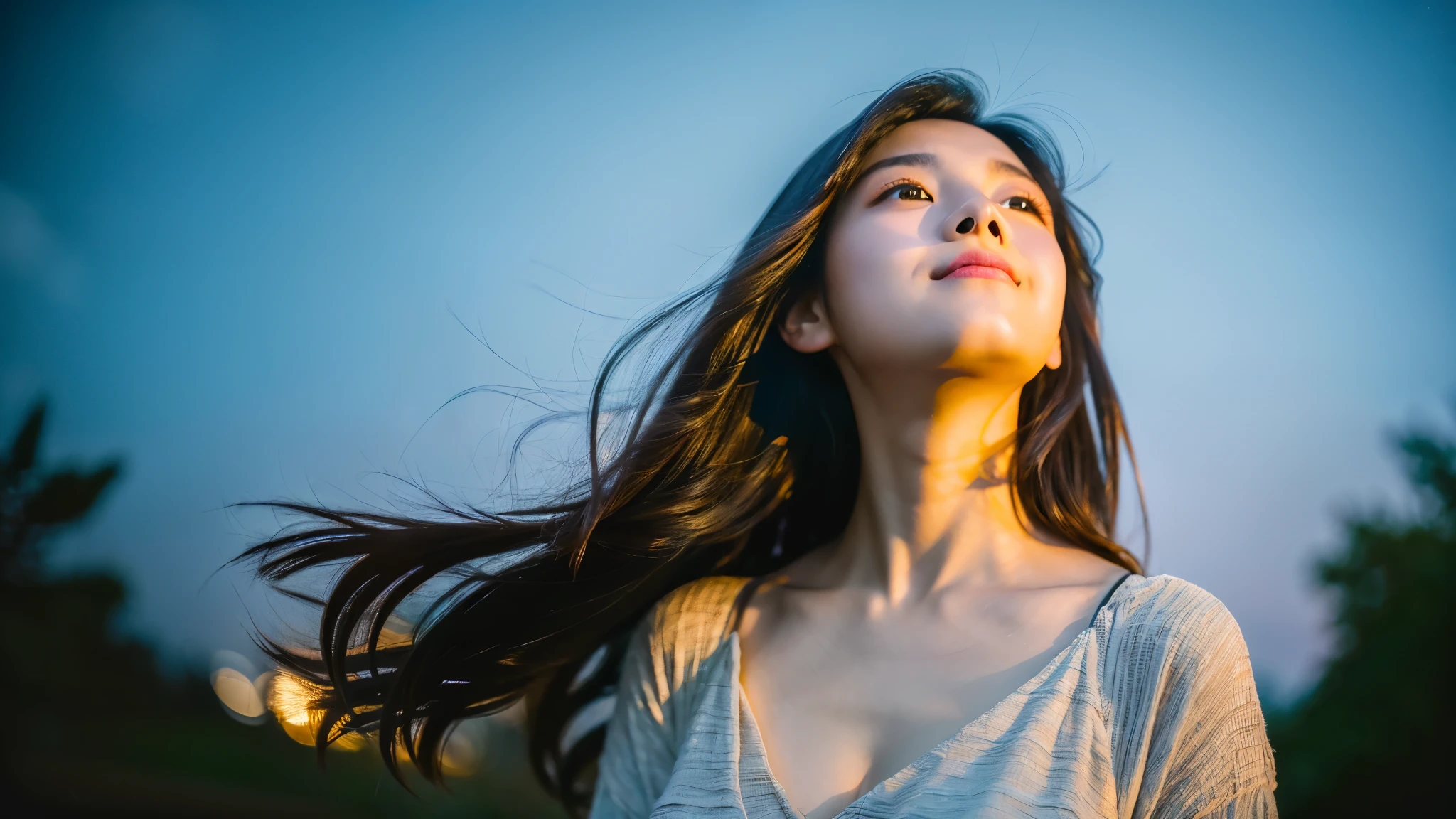 A very cute face like an idol、One 20-year-old woman with a youthful appearance、Gentle and cute、Cleavage、Beautiful starry sky、(Looking up at the night sky)、(((Textured skd, front lightindg, F/1.0mm, fujifilm G FUX50R, In Reg)))、((Dim lighting))、RAW Photos、Genuine、live-action、(Artistic Expression)、High resolution、masterpiece