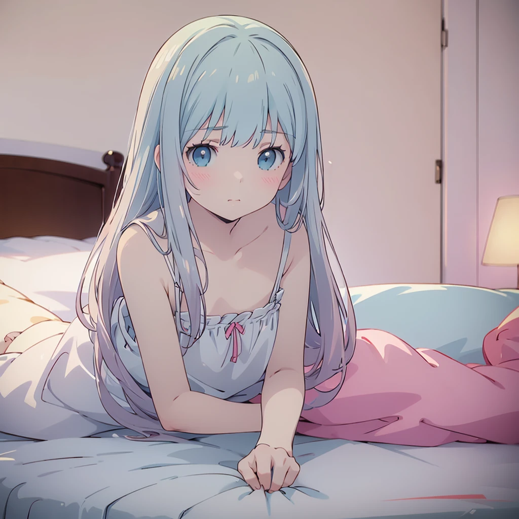 (Highest quality), (High resolution), (masterpiece), (Very detailed), Shiro \(no game No life\),Long Hair,Multicolored Hair,Hair between the eyes,Gradient Hair,Flat Chest,blue eyes, Blue Archive Art Style, One Girl, Silky skin, Shiny skin, Sweat,desire, Estrus, Heart pupil, Heavy breathing,( Thin, long lace camisole dress), Front view, (Dark Saturation), Love juice drips, Underwear is see-through, In bed at night, Dark Room, To seduce, Delighted, Ecstatic expression, Sleep on your back, Show the whole body, (Masturbation), (Squirting),Masturbationをする, orgasm