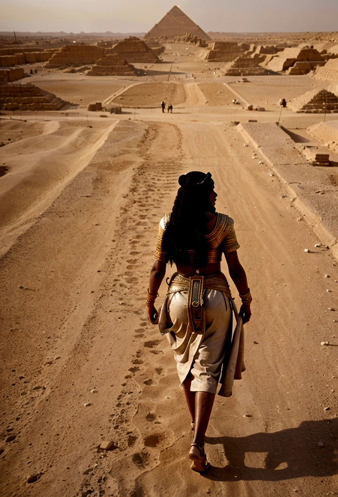 Create the exodus of the Hebrews, a population of eight thousand black people leaving ancient Egypt leaving the pyramids of Egypt behind them walking in the desert.
