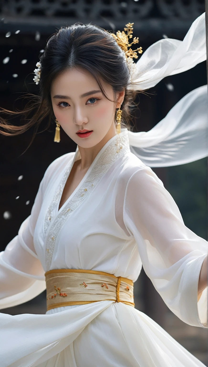 beautiful Korean woman, (((Mikamaria))), (motion blur:1.3), abnormally stunning beautiful face, black and white close-up,woman in intricate pure white hanbok dress, Flying in the air like a Chinese movie ,spinning frantically, translucent tingling air particles on dress hem, In her hand is a golden ancient Chinese sword,in ancient china, professional fashion photography,UHD, 4k, 8k