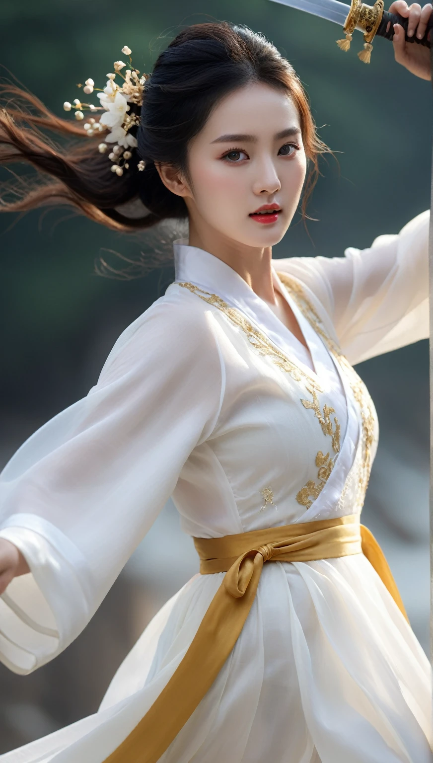 beautiful Korean woman, (((Mikamaria))), (motion blur:1.3), abnormally stunning beautiful face, black and white close-up,woman in intricate pure white hanbok dress, Flying in the air like a Chinese movie ,spinning frantically, translucent tingling air particles on dress hem, In her hand is a golden ancient Chinese sword,in ancient china, professional fashion photography,UHD, 4k, 8k