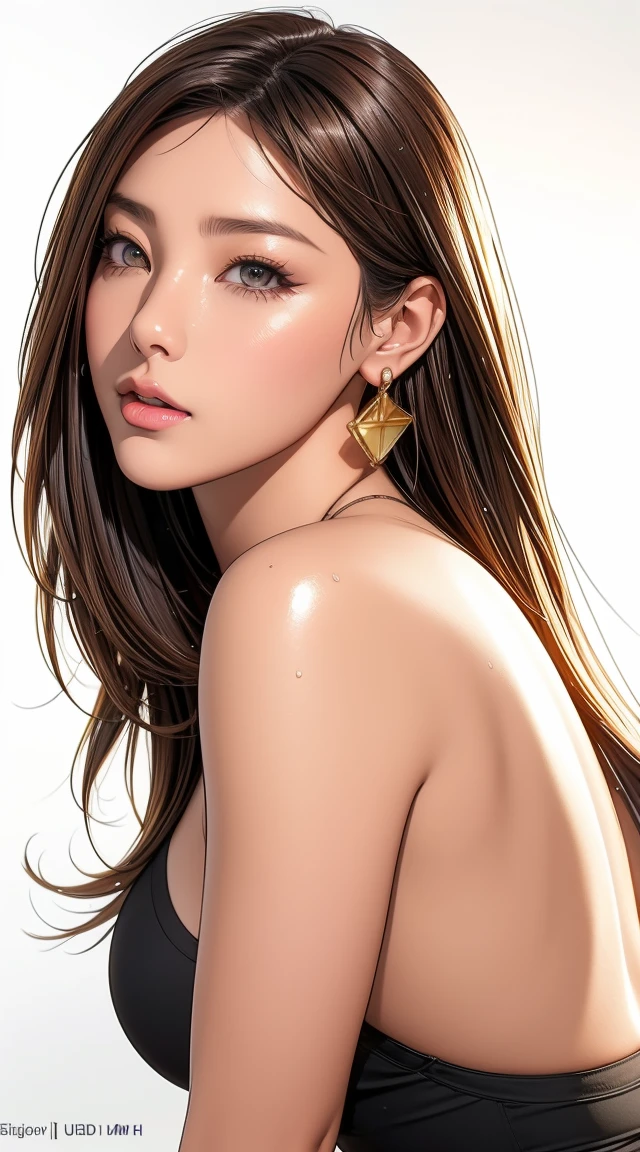 (best quality:1.5, mackerel, uhd, 4K, detailed lighting, shader), brown hair, gradient hair, big bust, black panties, gray shirt, mature woman , (ass pov), white background, colorful eye shadow, dramatic lighting, sparkling eyes, sensuous expression, Golden earrings, flowing hair, delicate facial features, black skin, Protruding cheekbones, elegy, urban setting, white background, Don&#39;t look for the camera, lean forward, view from behind, soaked in the rain. ((Sleek office)), big tits and ass, 