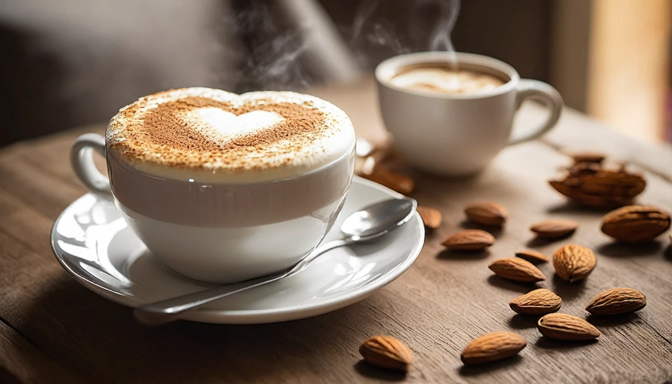 Create an image of a cozy fall-themed atmosphere featuring a one white cup with heart-shaped latte art on it, placed on a wooden table surface. beside the cup, there was a cake layered with cream,there are some whole and shelled almonds, adding to the warm and inviting atmosphere. This scene is bathed in soft sunlight