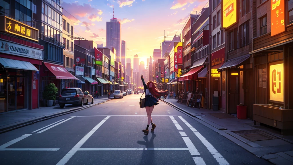 An anime girl walking confidently through a bustling city street at sunrise, holding a guitar case in one hand. She is wearing a casual yet stylish outfit, with a joyful and determined expression on her face. Her hair flows gently in the morning breeze as she moves through the cityscape. The background features tall buildings, neon signs, and the vibrant energy of the city coming to life. The streets are filled with the first light of dawn, casting a warm, golden hue over everything, symbolizing new beginnings and endless possibilities. The girl is surrounded by the hustle and bustle of city life, yet she stands out with her unique presence and passion. The atmosphere is filled with a sense of excitement, adventure, and the thrill of chasing dreams, with dynamic lighting highlighting her journey. The overall mood is one of resilience, freedom, and the unstoppable pursuit of dreams in an urban environment.