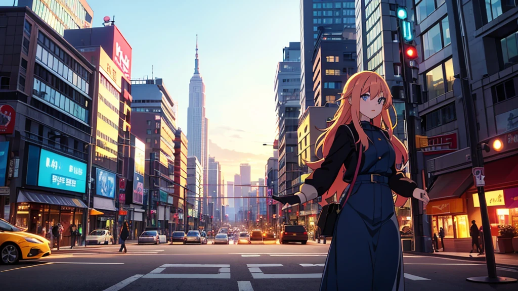 An anime girl walking confidently through a bustling city street at sunrise, holding a guitar case in one hand. She is wearing a casual yet stylish outfit, with a joyful and determined expression on her face. Her hair flows gently in the morning breeze as she moves through the cityscape. The background features tall buildings, neon signs, and the vibrant energy of the city coming to life. The streets are filled with the first light of dawn, casting a warm, golden hue over everything, symbolizing new beginnings and endless possibilities. The girl is surrounded by the hustle and bustle of city life, yet she stands out with her unique presence and passion. The atmosphere is filled with a sense of excitement, adventure, and the thrill of chasing dreams, with dynamic lighting highlighting her journey. The overall mood is one of resilience, freedom, and the unstoppable pursuit of dreams in an urban environment.