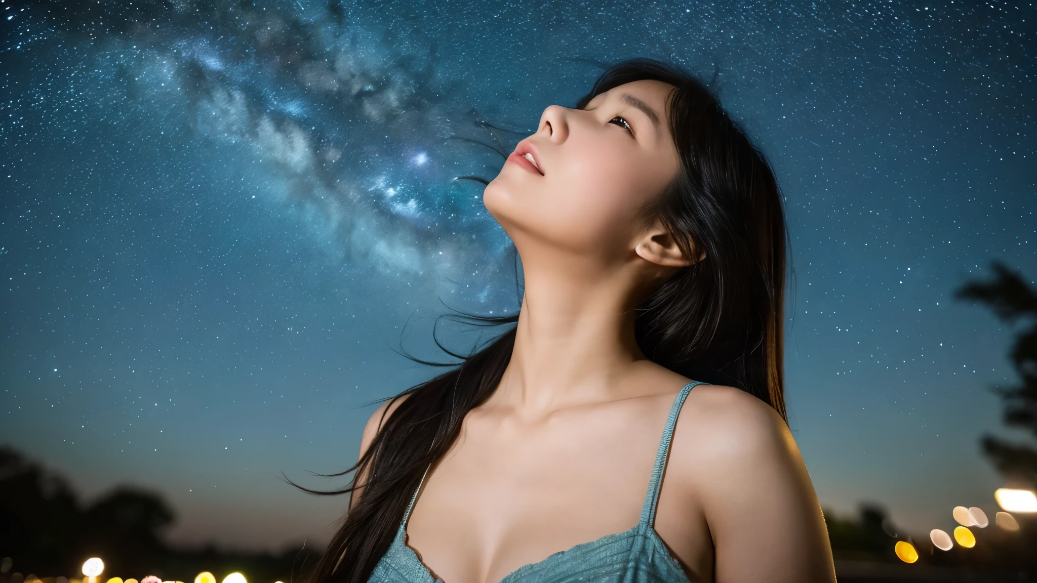 A very cute face like an idol、One 20-year-old woman with a youthful appearance、Gentle and cute、Cleavage、Beautiful starry sky、(Looking up at the night sky)、(((Textured skd, front lightindg, F/1.0mm, fujifilm G FUX50R, In Reg)))、((Dim lighting))、RAW Photos、Genuine、live-action、(Artistic Expression)、High resolution、masterpiece