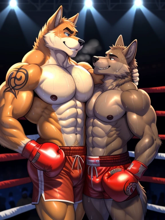 Duo male(Brown Wolf vs Brown Wolf, handsomes, with hairstyle, Thick eyebrows), gay(cuddling embraced, flexing abs, face to face, on a boxing match), hot(Shirtless), handsomes(They are handsomes, correct anatomy), musculosos(Big muscle bodies, Six packs, muscle abs, big pecs, muscle backs, muscle legs), sweaty(very sweaty wet bodies, shiny sweat), tatuajes(they have tattoos), confident smile(Both have an sexy expression, teeths, steaming breath), Boxing gloves(They both are wearing red boxing gloves), boxing shorts(They both are wearing boxing shorts), Hight resolution, by(Zourik:1.1)