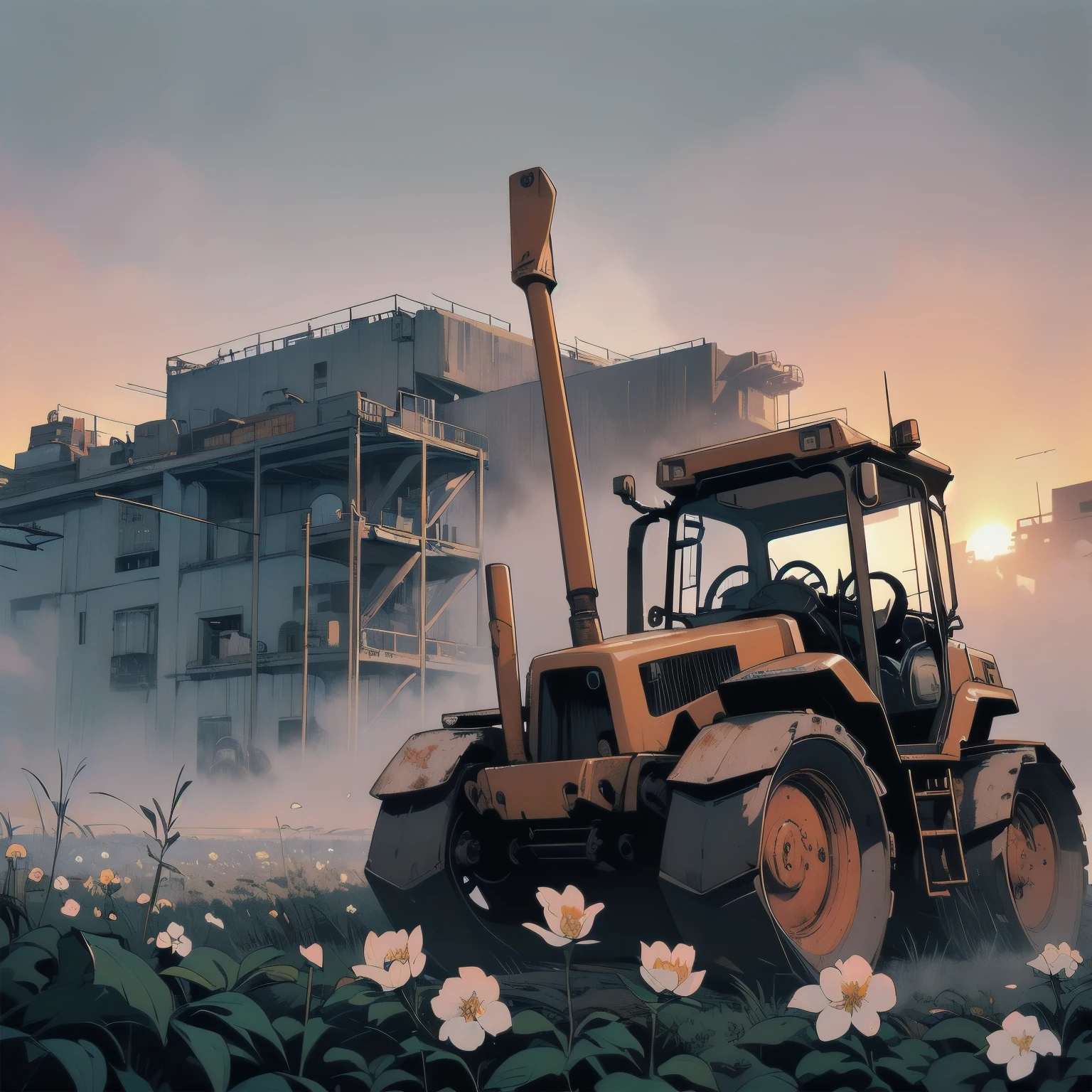 Detailed Machinery、Abandoned Factory、Atrium、White Flower Field、(((Rusty heavy equipment)))、(((fog)))、Detailed Background、Top Quality、(((No humans)))、Broken heavy machinery、(((Sunset)))、Blue dark、moon