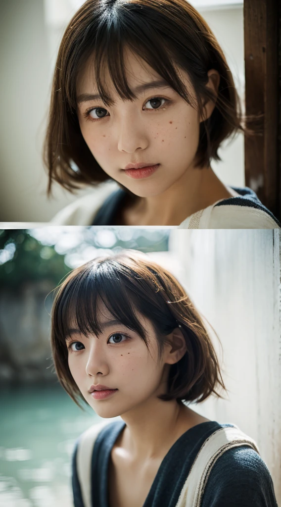 ((masterpiece:1.4、top-quality))、(photographrealistic:1.4)、profetional lighting、physically-based renderingt,Cowboy Shot,Short hair、layers-Cut、A dark-haired、extra detailed face、Detailed skin、mole:0.3、(Women in Japan:1.05)、age 30s、thin bunches of bangs、water suites, White Room、white walls、Bright lighting