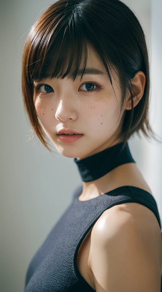 ((​masterpiece:1.4、top-quality))、(photographrealistic:1.4)、profetional lighting、physically-based renderingt,Cowboy Shot,Short hair、layers-Cut、A dark-haired、extra detailed face、Detailed skin、mole:0.3、(Women in Japan:1.05)、age 30s、thin bunches of bangs、water suites, White Room、white walls、Bright lighting