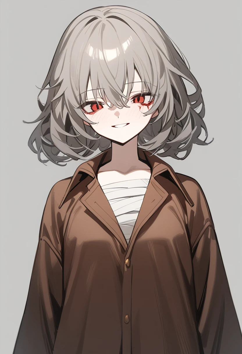 1 girl, alone, adolescent, Brown leather, broad, Short and messy hair, Red eyes, large eyes, big open smile, stoic, standing, (long shirt only), (Gray background, simple background), Upper part of the body, Masterpiece, Best Quality, dynamic angle, Flushed face, wounds, with bandages