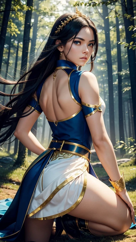 **Character Description:**
- **Outfit:** The character wears an outfit predominantly made of white and blue material with elegant hints of gold. The top is a fitted white tunic with blue accents running along the edges and intricate golden embroidery on the cuffs and collar. She wears a flowing blue and white skirt with gold trims, allowing for freedom of movement. A golden belt cinches her waist, adorned with a small, shimmering blue gem in the center.
- **Pose:** She is in a kneeling position, looking fierce and passionate, about to shoot an arrow. Her posture exudes determination and strength, with one knee on the ground and the other leg bent, ready to spring forward. Her back is straight, and her muscles are taut, highlighting her readiness and skill.
- **Details:** She has a quiver of arrows slung over her shoulder, and the bow in her hands is sleek and polished, with gold inlays and blue accents matching her outfit. Her eyes are focused and intense, reflecting her inner passion and fierceness.
- **Environment:** The background should be a mystical forest at dusk, with the soft glow of the setting sun filtering through the trees. The air around her shimmers faintly with magic, and a few glowing particles float in the scene, adding a touch of enchantment.
This character should embody a blend of fierceness and passionate determination, ready to take on any challenge with grace and power.