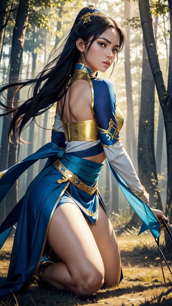 **Character Description:**
- **Outfit:** The character wears an outfit predominantly made of white and blue material with elegant hints of gold. The top is a fitted white tunic with blue accents running along the edges and intricate golden embroidery on the cuffs and collar. She wears a flowing blue and white skirt with gold trims, allowing for freedom of movement. A golden belt cinches her waist, adorned with a small, shimmering blue gem in the center.
- **Pose:** She is in a kneeling position, looking fierce and passionate, about to shoot an arrow. Her posture exudes determination and strength, with one knee on the ground and the other leg bent, ready to spring forward. Her back is straight, and her muscles are taut, highlighting her readiness and skill.
- **Details:** She has a quiver of arrows slung over her shoulder, and the bow in her hands is sleek and polished, with gold inlays and blue accents matching her outfit. Her eyes are focused and intense, reflecting her inner passion and fierceness.
- **Environment:** The background should be a mystical forest at dusk, with the soft glow of the setting sun filtering through the trees. The air around her shimmers faintly with magic, and a few glowing particles float in the scene, adding a touch of enchantment.
This character should embody a blend of fierceness and passionate determination, ready to take on any challenge with grace and power.